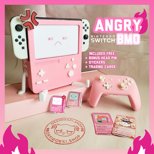 ANGRY Pastel Pink Bmo - Nintendo Switch BMO Dock | w/ included Free Angry Display Face , Angry Pin , Stickers & Adoption Trading Cards