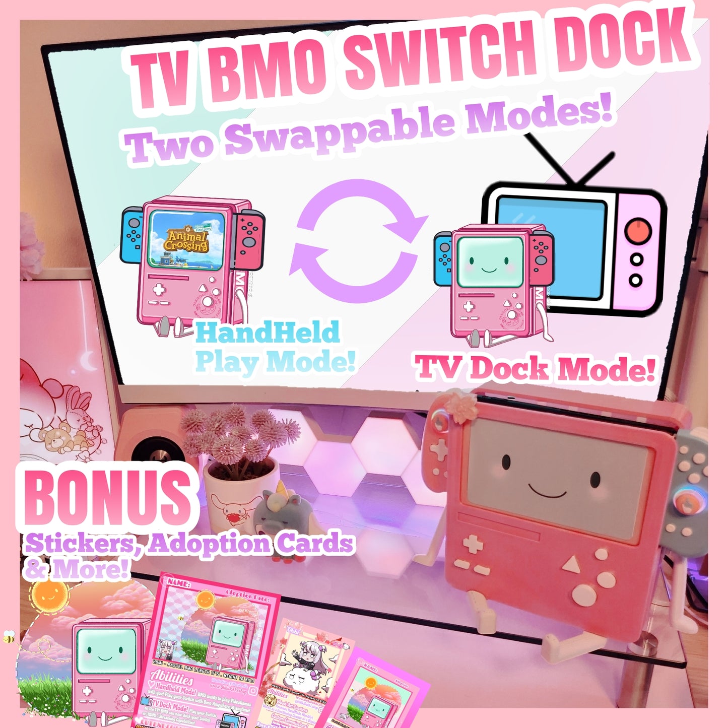 Pastel Pink - HDMI & Charging Nintendo Switch BMO Dock | Two Swappable Modes w/ Free Trading Card , Stickers + FITS Nintendo Switch Models