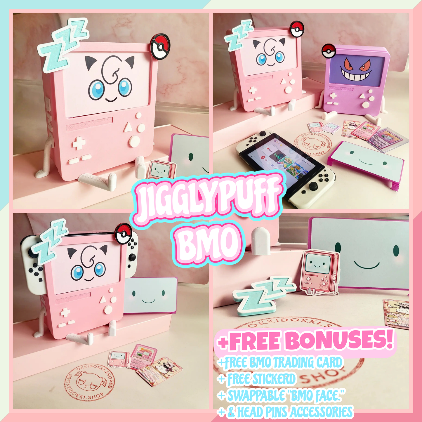 EASTER Special - JIGGLY Bmo - Nintendo Switch BMO Dock | w/ included Free Display Face & Adoption Trading Card + all Switch Moded Fit