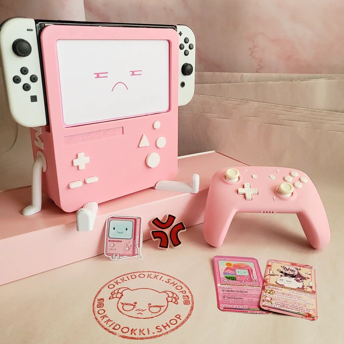 ANGRY Pastel Pink Bmo - Nintendo Switch BMO Dock | w/ included Free Angry Display Face , Angry Pin , Stickers & Adoption Trading Cards