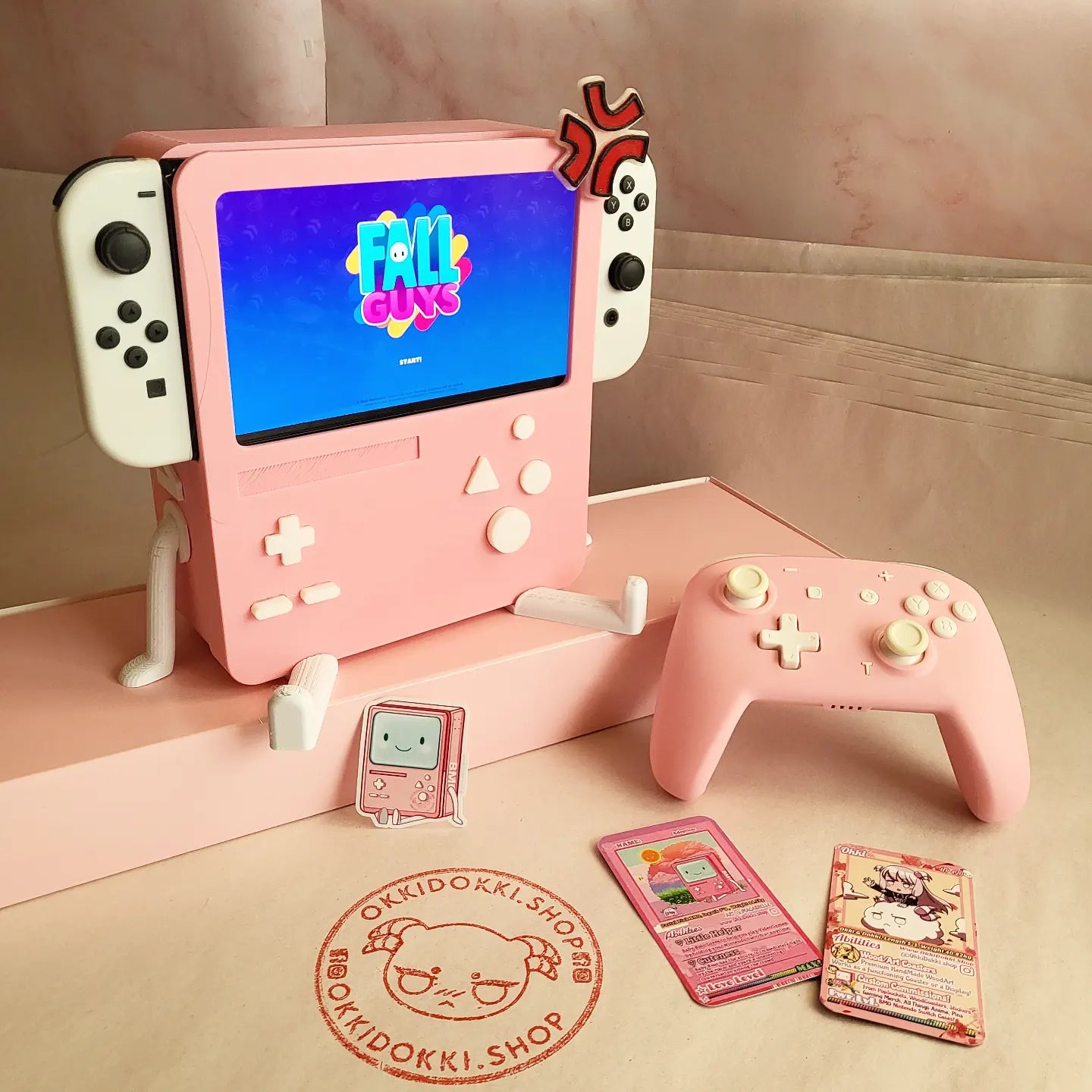 ANGRY Pastel Pink Bmo - Nintendo Switch BMO Dock | w/ included Free Angry Display Face , Angry Pin , Stickers & Adoption Trading Cards