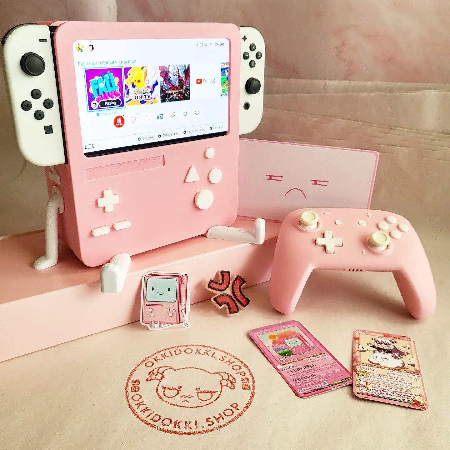 ANGRY Pastel Pink Bmo - Nintendo Switch BMO Dock | w/ included Free Angry Display Face , Angry Pin , Stickers & Adoption Trading Cards