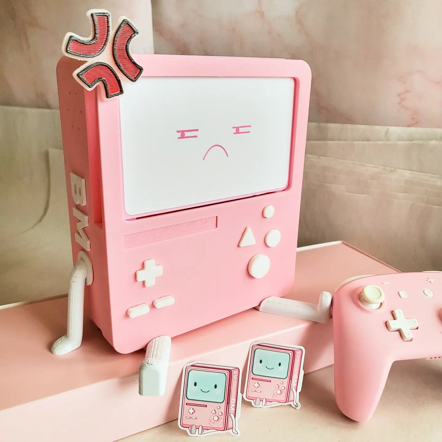 ANGRY Pastel Pink Bmo - Nintendo Switch BMO Dock | w/ included Free Angry Display Face , Angry Pin , Stickers & Adoption Trading Cards