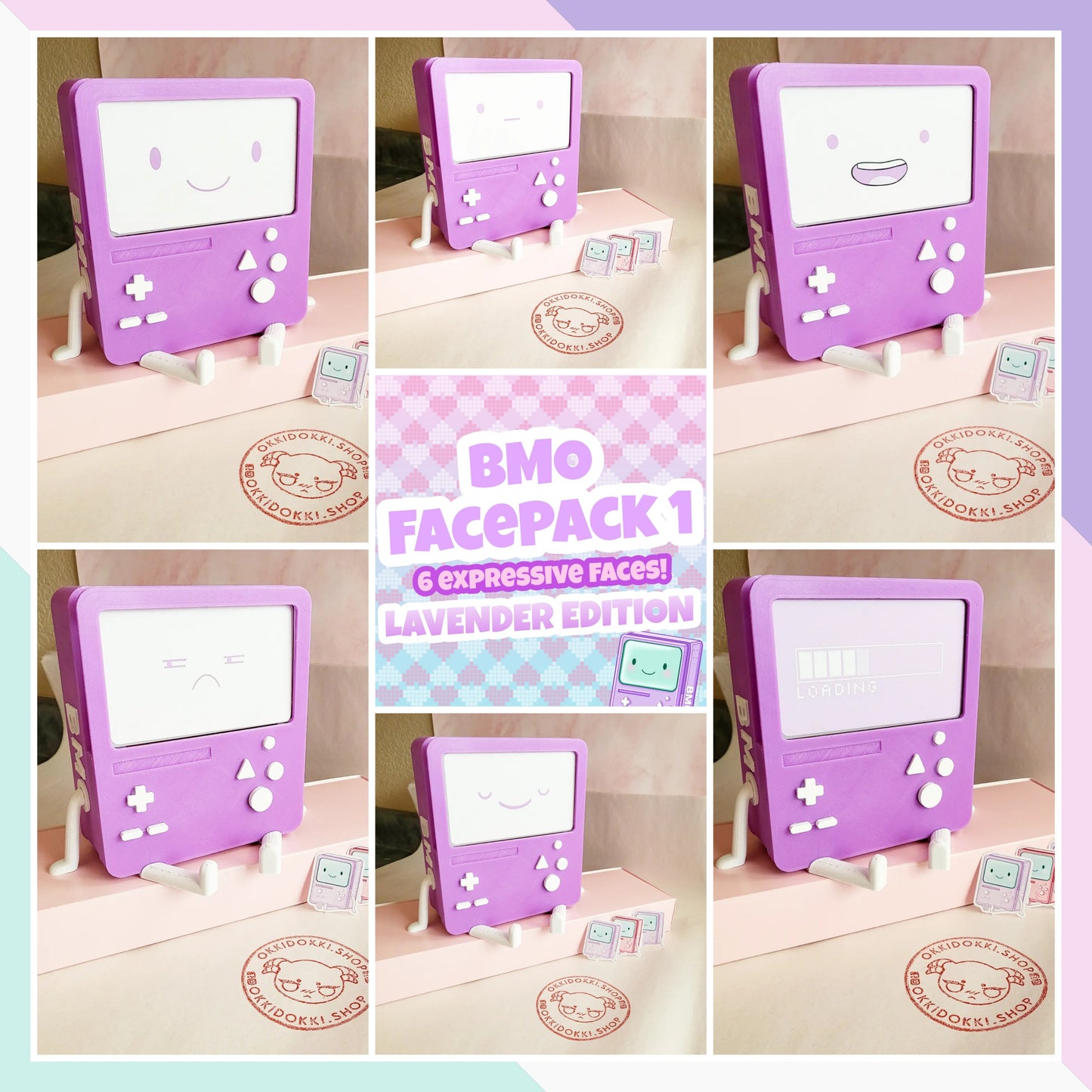 Lavender Edition - BMO Faces Accessories Pack 1 | For OkkiDokki Nintendo Switch Bmo Dock | Pack of 6 +BONUS Trading Cards